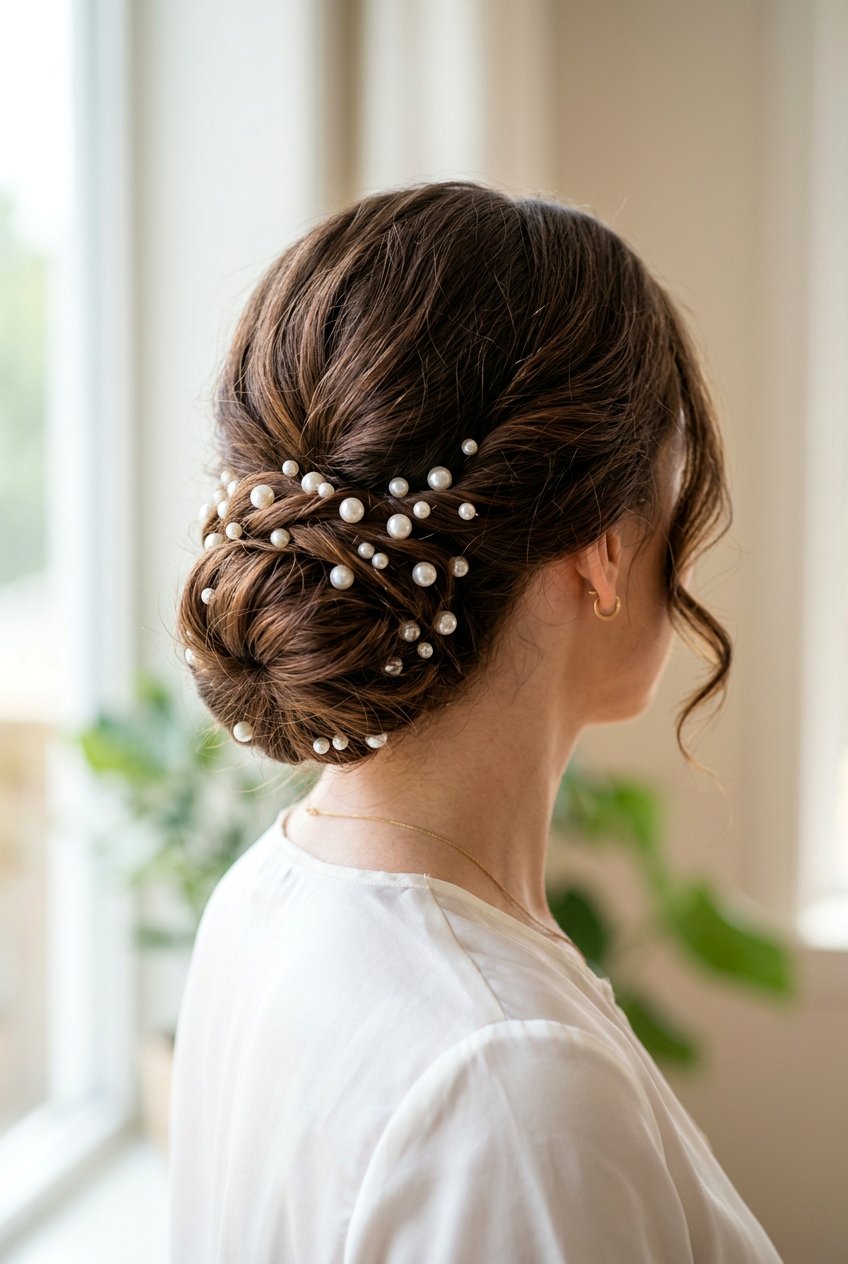 Low Bun With Pearls - 20 romantic hairstyles for weddings - 20 romantic hairstyles for weddings