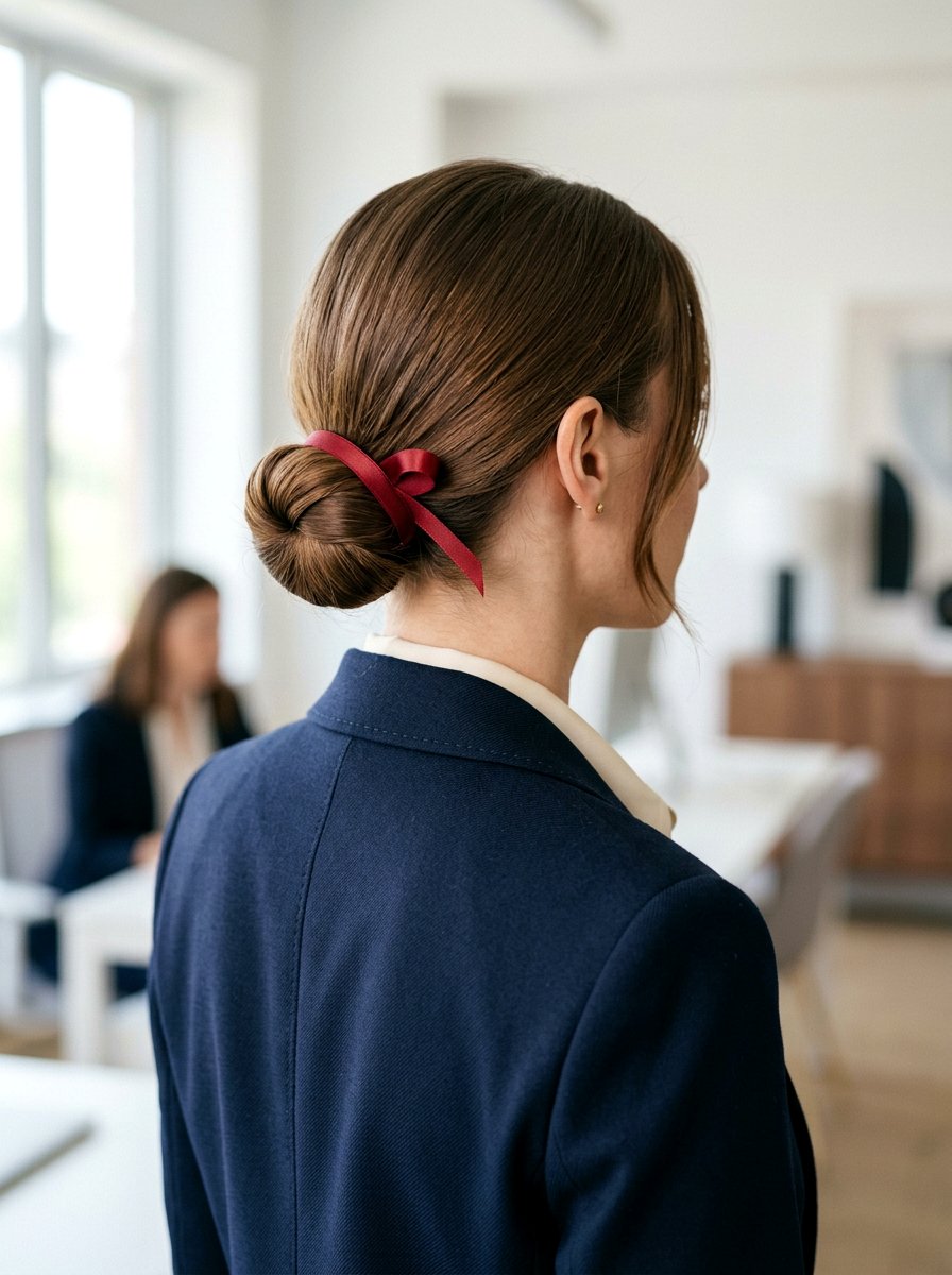 Low Bun With Red Ribbon - 20 red ribbons for medium brown hair - 20 red ribbons for medium brown hair