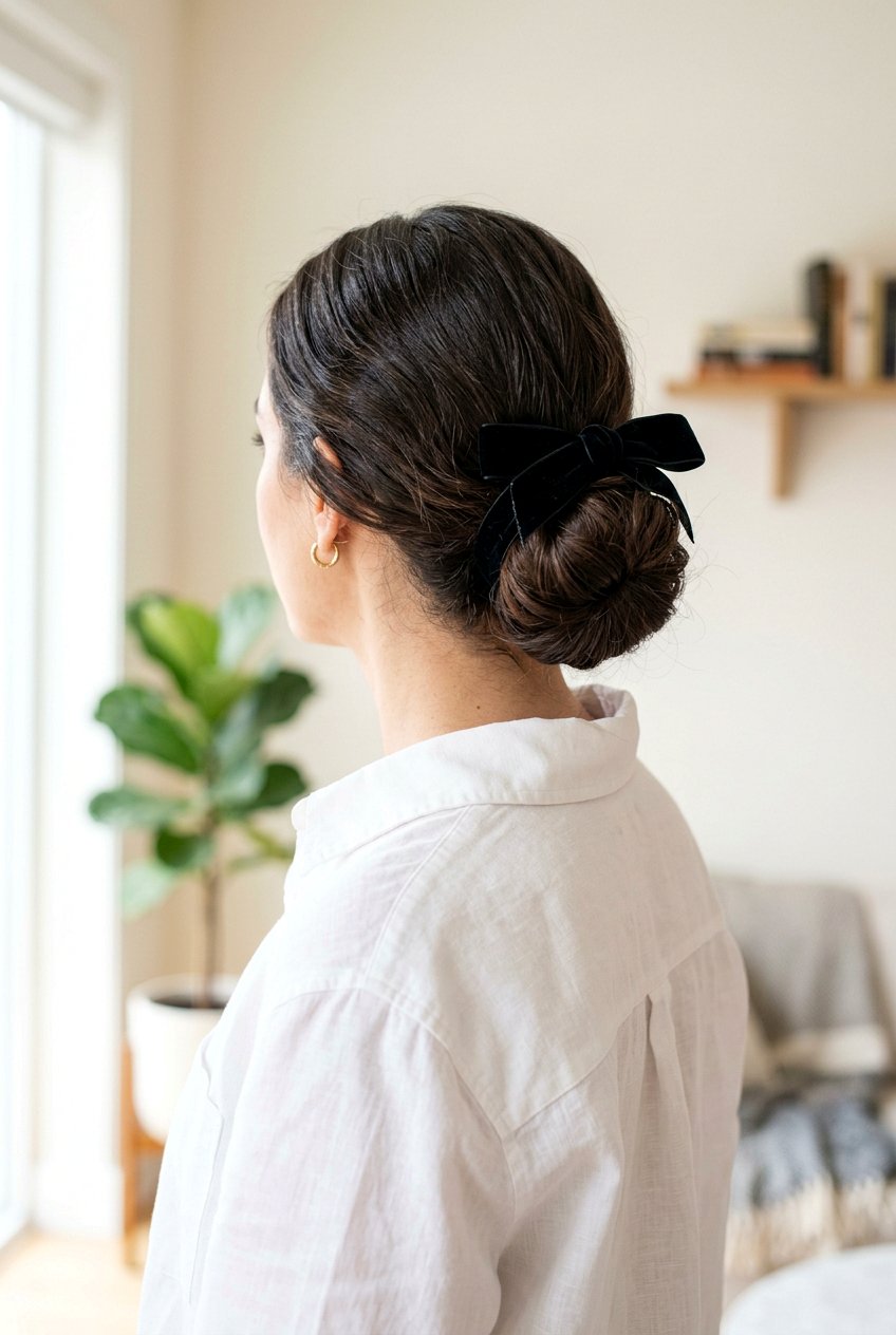 Low Bun With Ribbon - 20 school hairstyle with low bun - 20 school hairstyle with low bun