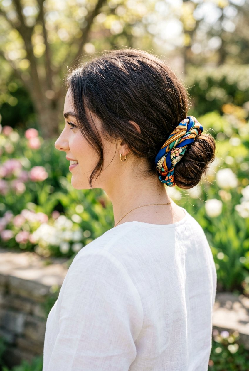 Low Bun With Scarf - 20 school hairstyle with low bun - 20 school hairstyle with low bun