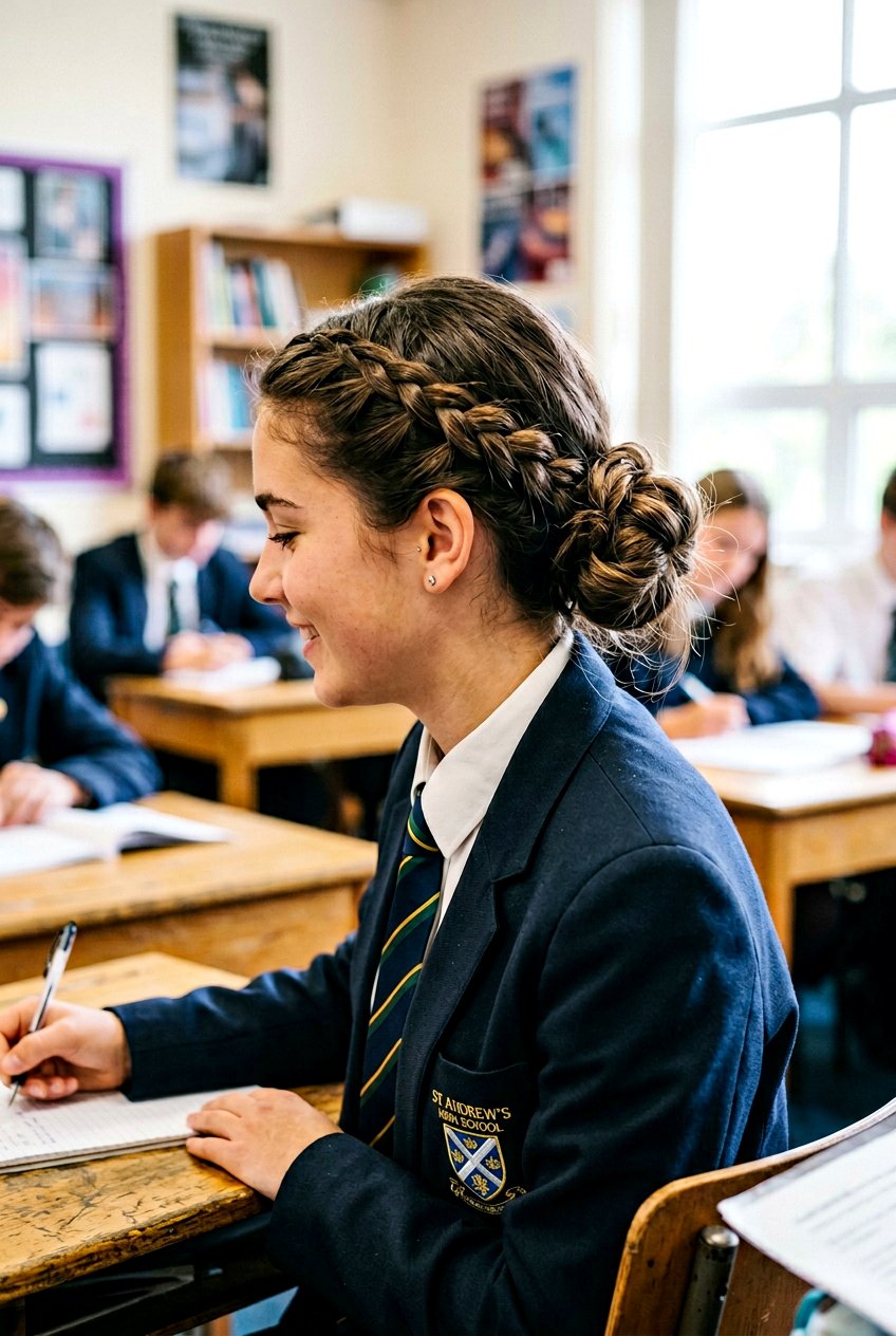 Low Bun With Side Braid - 20 school hairstyle with low bun - 20 school hairstyle with low bun