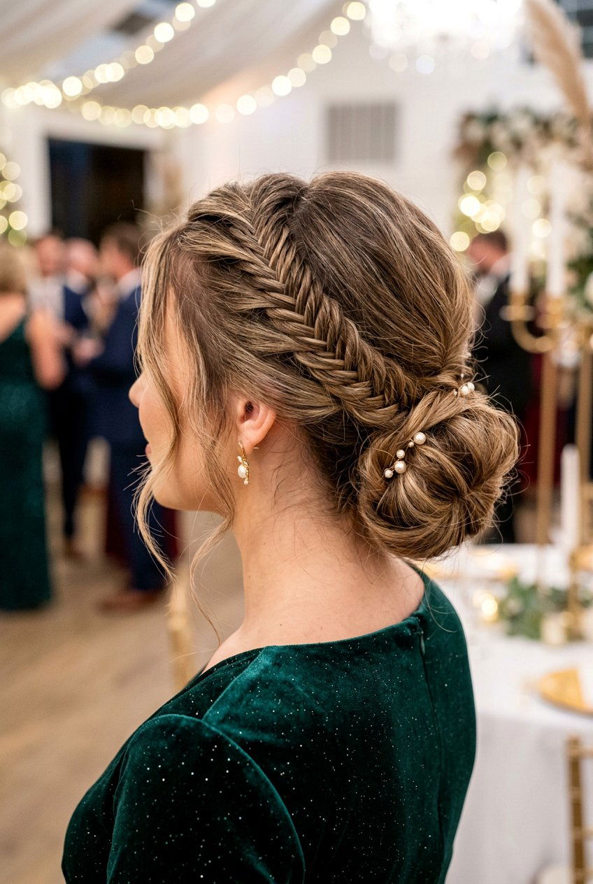 Low Bun With Side Fishtail Braid - 20 festive low bun with braid - 20 festive low bun with braid