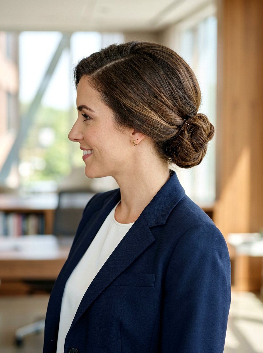 Low Bun With Side Part - 20 interview hairstyle with smooth low bun - 20 interview hairstyle with smooth low bun