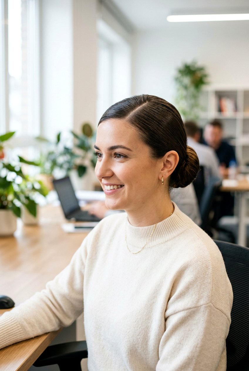 Low Bun With Side Part For Work Calls - 20 tidy hairstyles for work from home - 20 tidy hairstyles for work from home