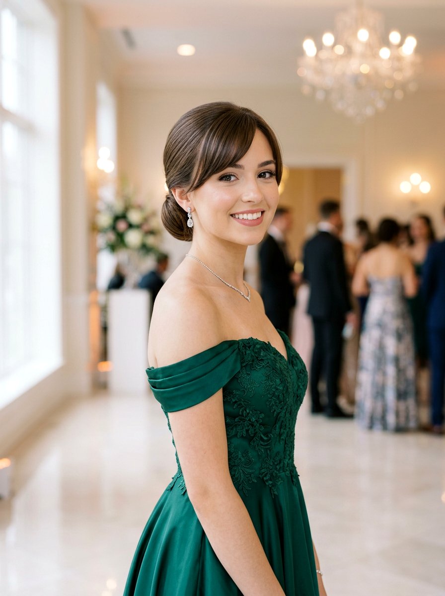 Low Bun With Side Swept Bangs - 20 prom low bun for medium hair - 20 prom low bun for medium hair