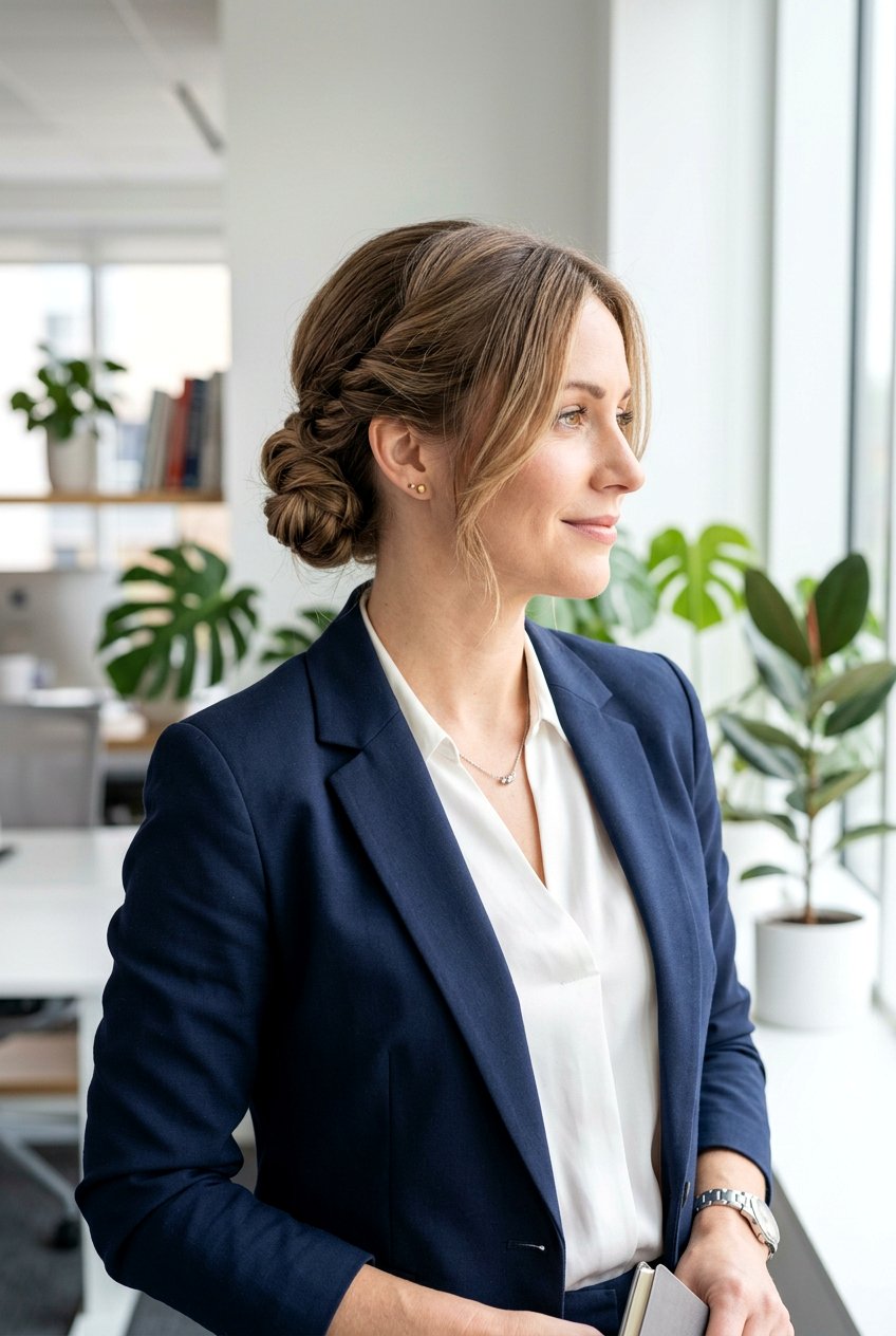 Low Bun With Side Twist Detail - 20 neat low bun for office - 20 neat low bun for office