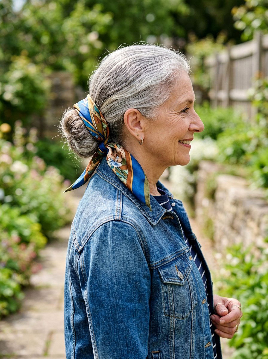 Low Bun With Silk Scarf - 20 classy low bun hairstyle for older women - 20 classy low bun hairstyle for older women