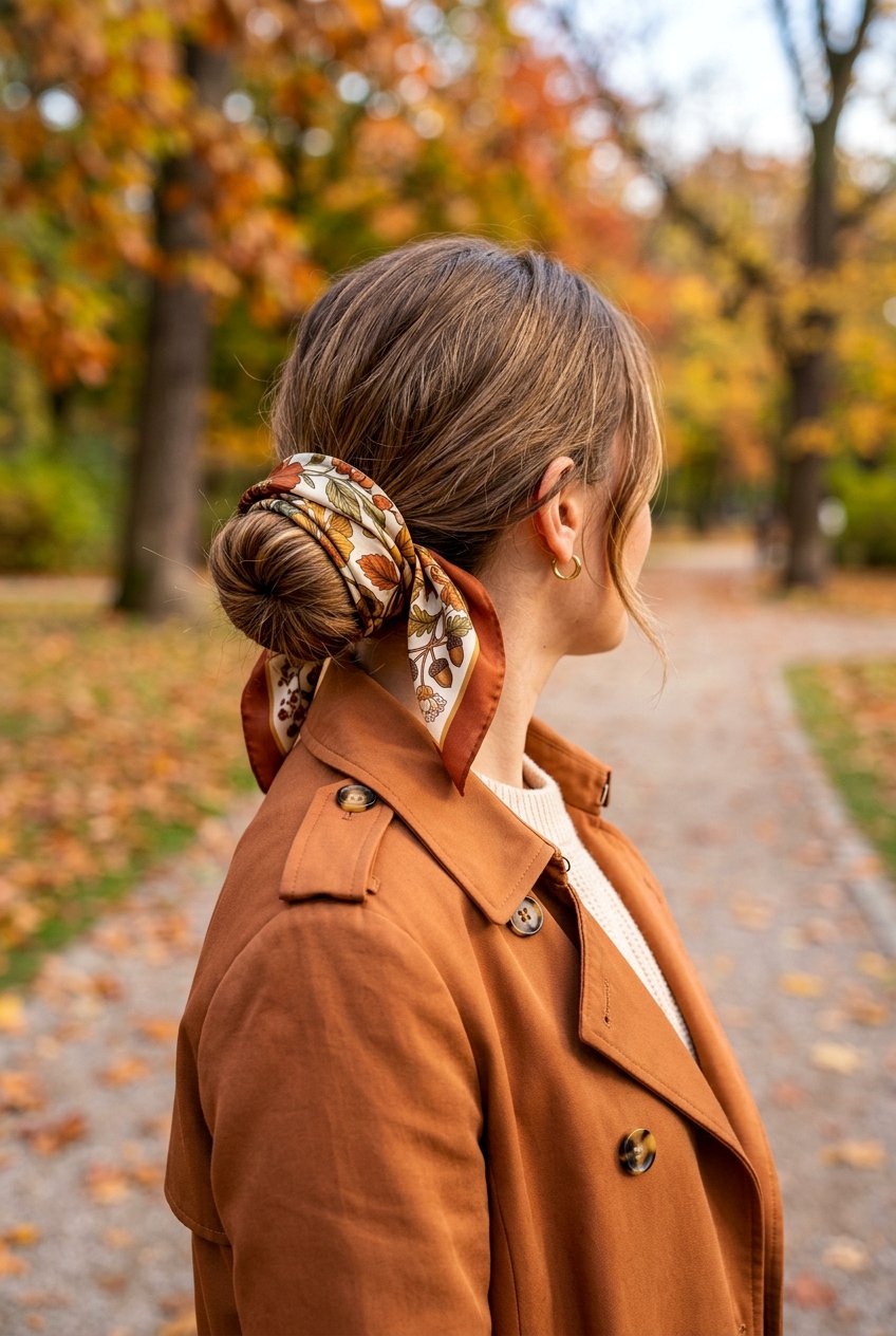 Low Bun With Silk Scarf - 20 dark academia low bun hairstyle - 20 dark academia low bun hairstyle