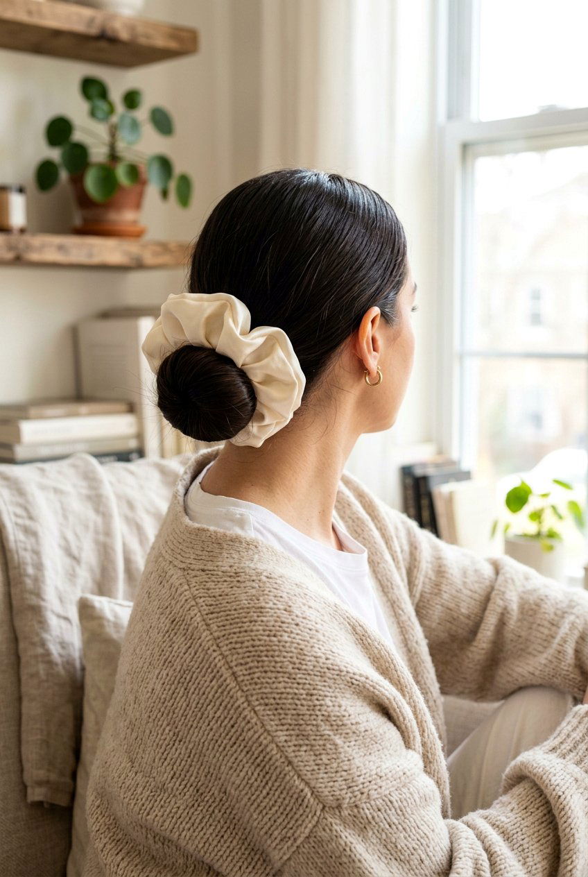 Low Bun With Silk Scrunchie - 20 clean girl low bun with center part - 20 clean girl low bun with center part