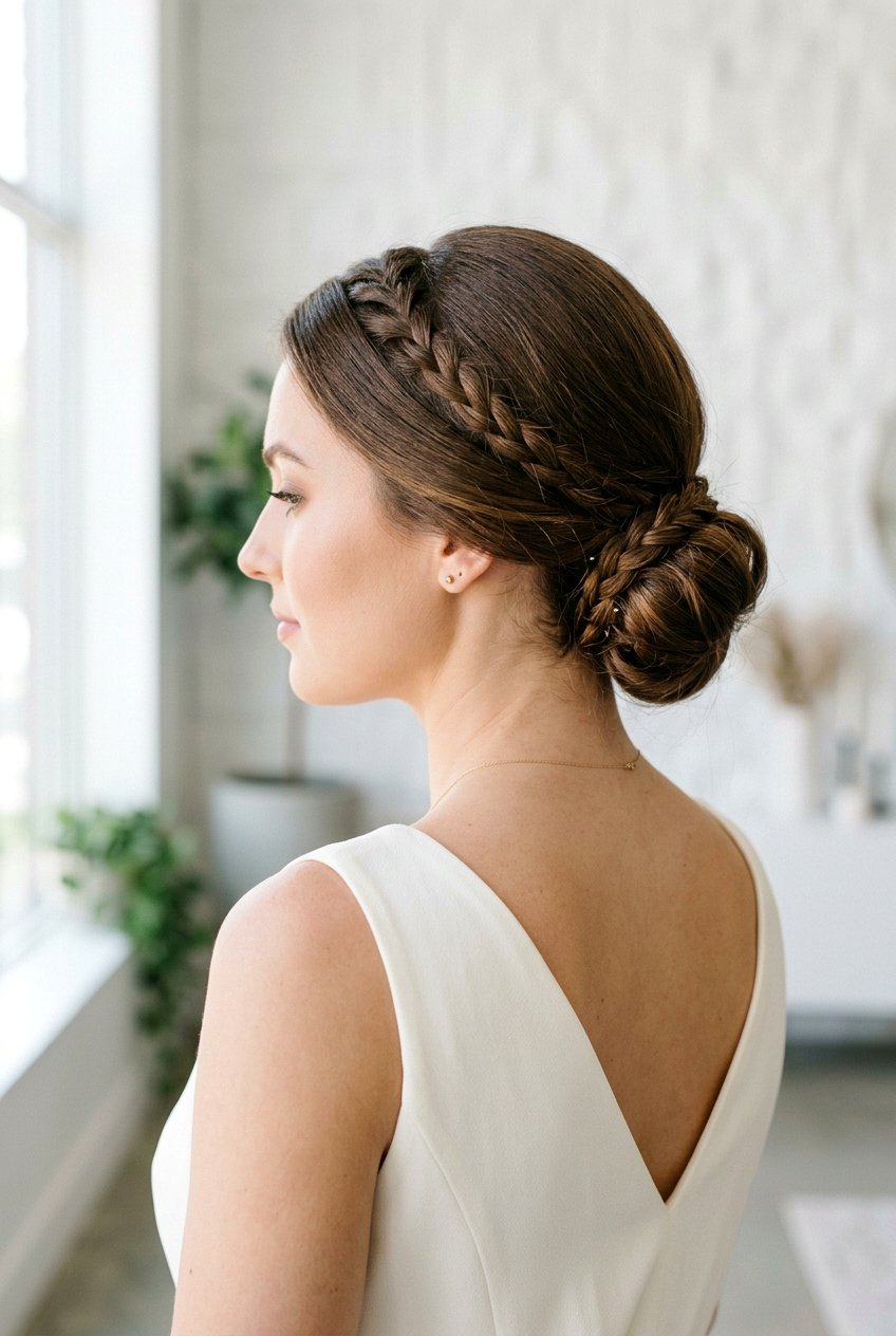 Low Bun With Small Braid Detail - 20 low bun wedding guest hairstyle - 20 low bun wedding guest hairstyle