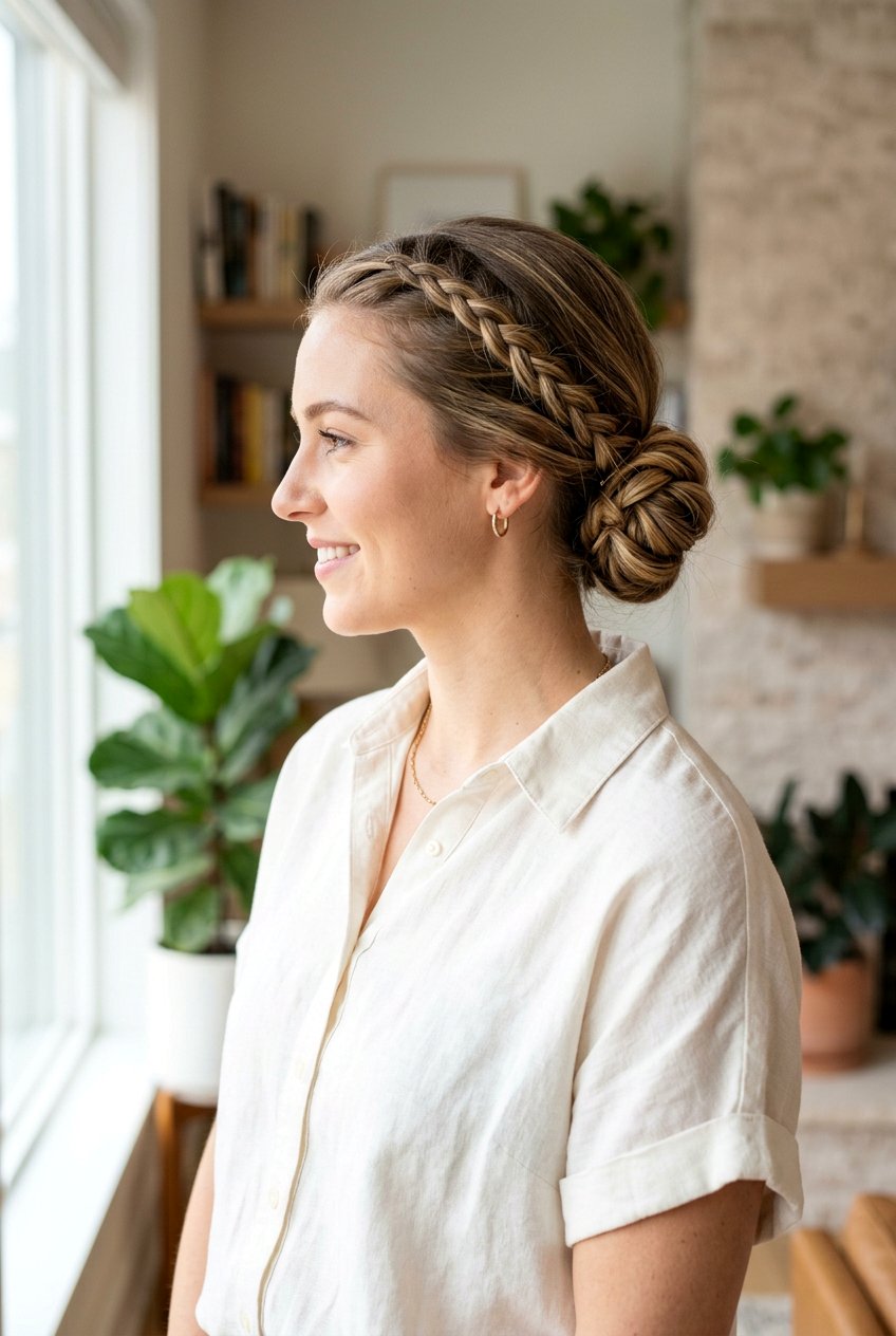 Low Bun With Small Side Braid - 20 interview bun hairstyle - 20 interview bun hairstyle