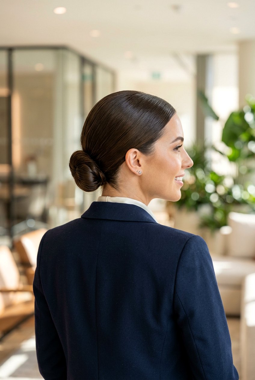 Low Bun With Smooth Front - 20 minimalist office bun hairstyle - 20 minimalist office bun hairstyle
