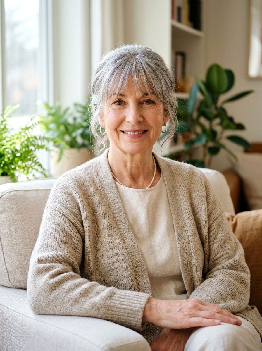 Low Bun With Soft Bangs - 20 classy low bun hairstyle for older women - 20 classy low bun hairstyle for older women