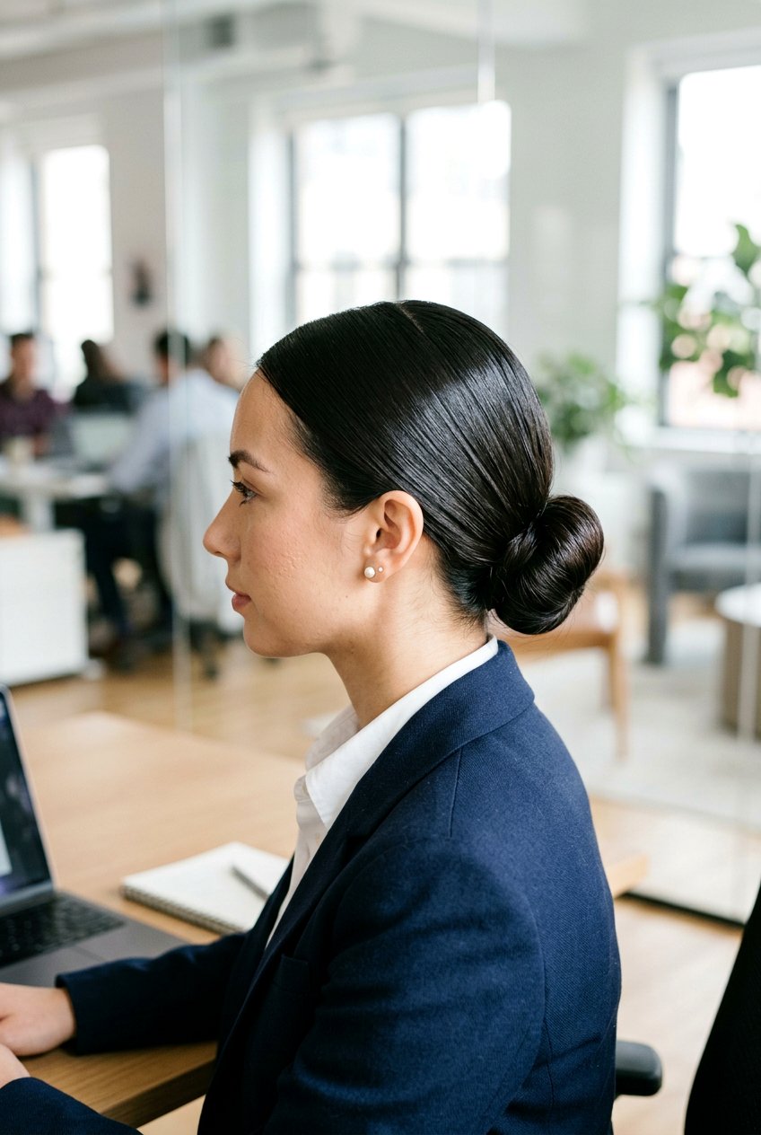 Low Bun With Straight Hair Finish - 20 neat low bun for office - 20 neat low bun for office