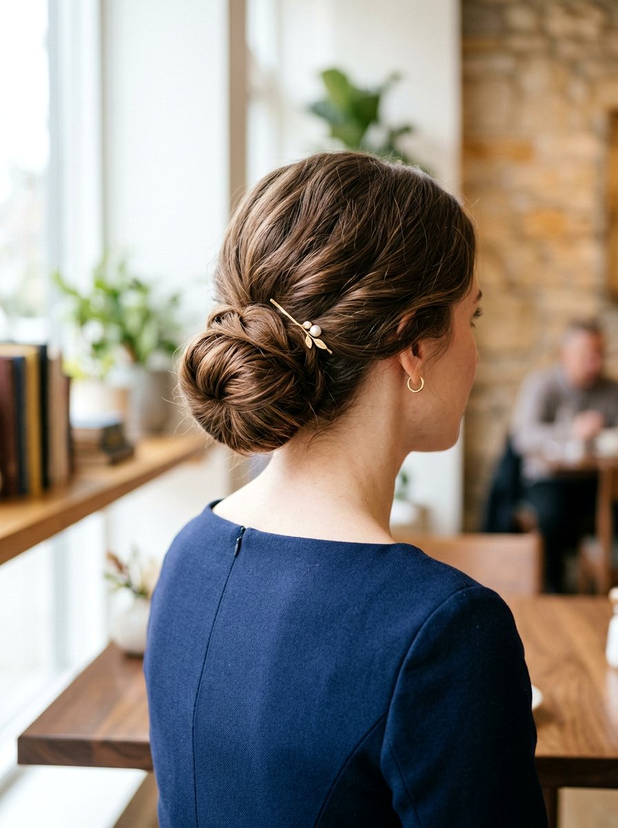 Low Bun With Subtle Hair Accessory - 20 interview hairstyle with smooth low bun - 20 interview hairstyle with smooth low bun