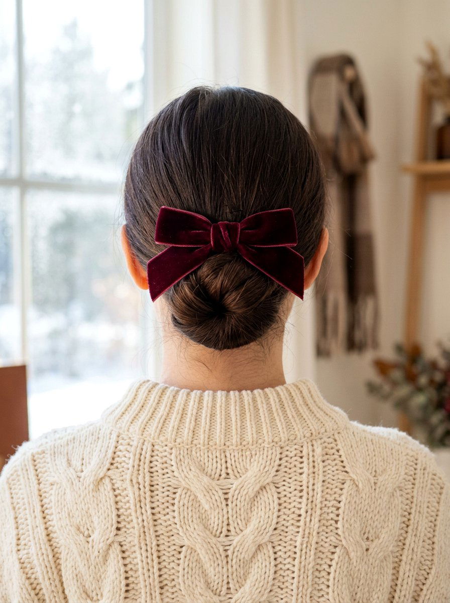 Low Bun With Velvet Bow - 20 soft glam hairstyle for long straight hair - 20 soft glam hairstyle for long straight hair