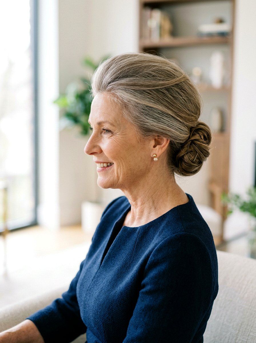 Low Bun With Volume At Crown - 20 classy low bun hairstyle for older women - 20 classy low bun hairstyle for older women