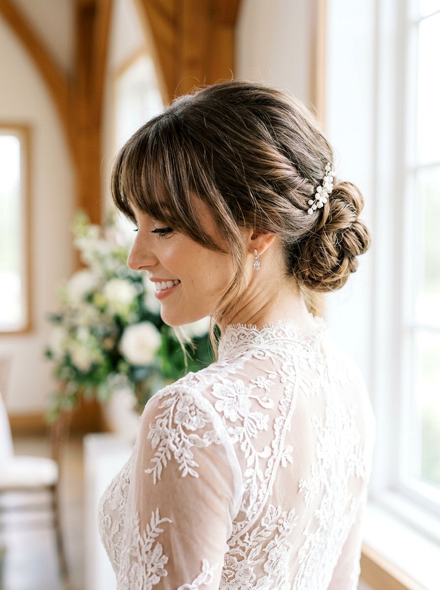 Low Bun with Curtain Bangs - 20 wedding hairstyles for brides with bangs - 20 wedding hairstyles for brides with bangs