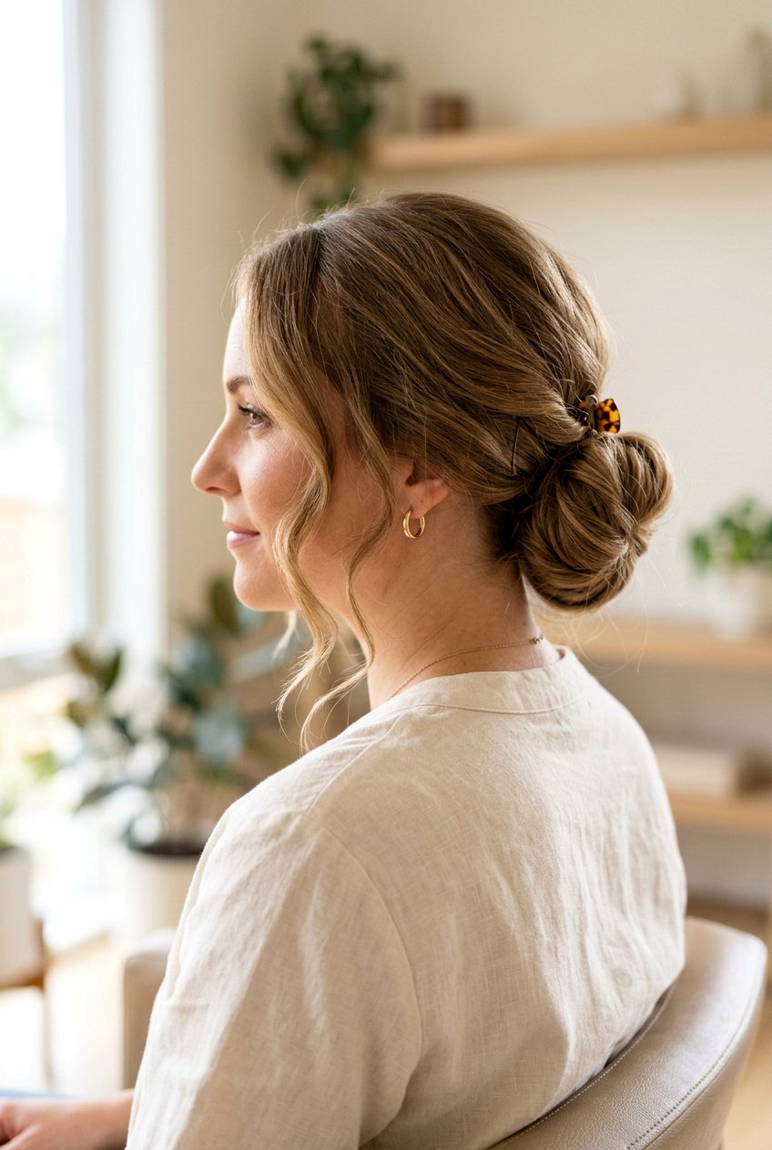 Low Bun with Face Framing Pieces - 20 hairstyles to cover bald spots - 20 hairstyles to cover bald spots