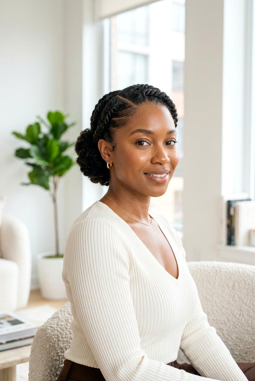 Low Bun with Flat Twist Front on Natural Hair - 20 easy protective styles without extensions - 20 easy protective styles without extensions