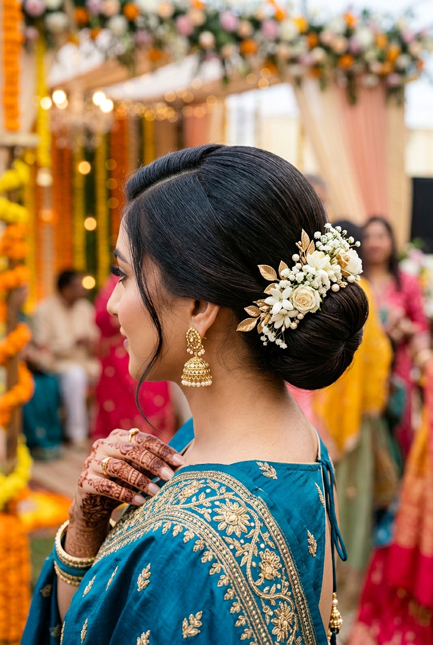 Low Bun with Side Part Mehndi Hairstyle - 20 mehndi hairstyles - 20 mehndi hairstyles