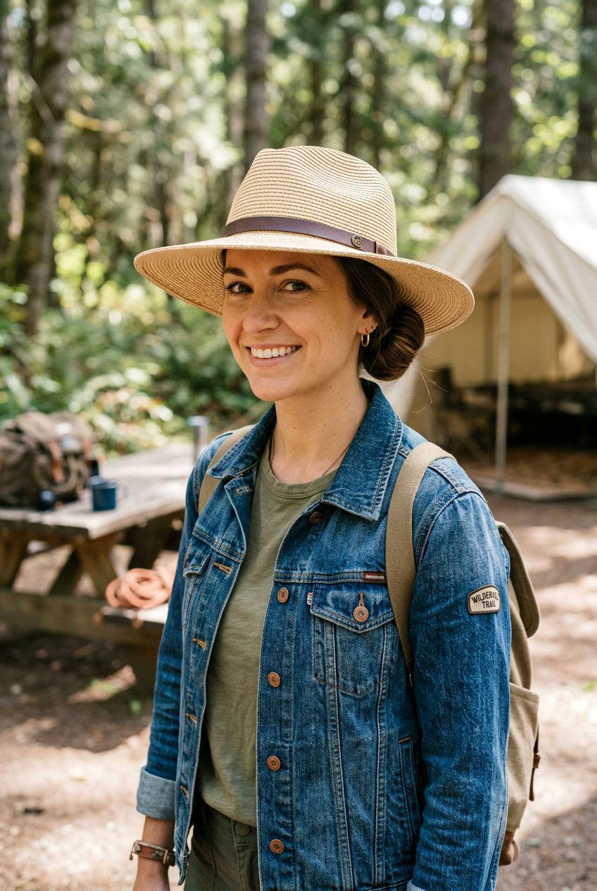 Low Camping Bun With Hat - 20 camping hairstyles for women - 20 camping hairstyles for women