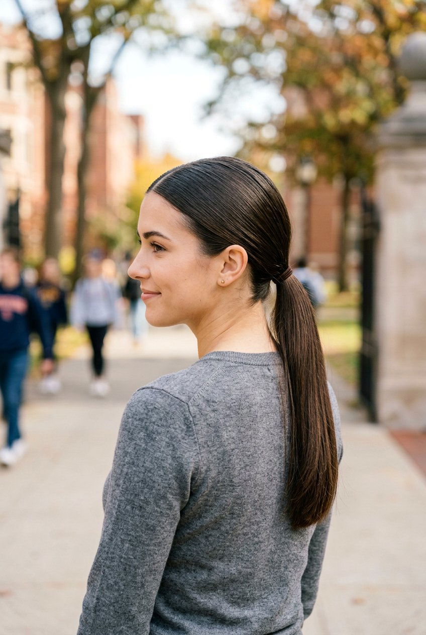 Low Campus Ponytail With Center Part - 20 campus ponytail hairstyle - 20 campus ponytail hairstyle