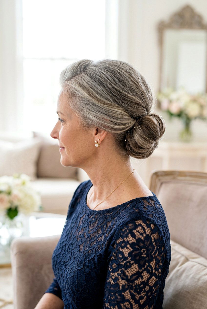 Low Chignon - 20 classy wedding guest hairstyles for women over 50 - 20 classy wedding guest hairstyles for women over 50