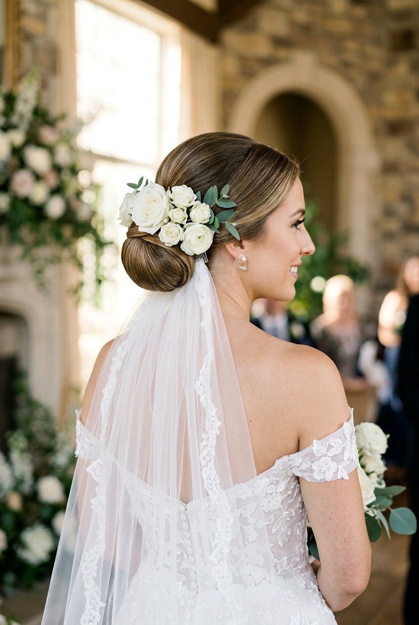 Low Chignon Bridal Hairstyle - 20 bridal hairstyle for veil and flowers - 20 bridal hairstyle for veil and flowers
