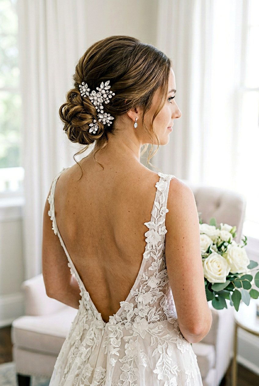 Low Chignon Bridal Ponytail With Crystal Pins - 20 bridal ponytail with crystal pins - 20 bridal ponytail with crystal pins