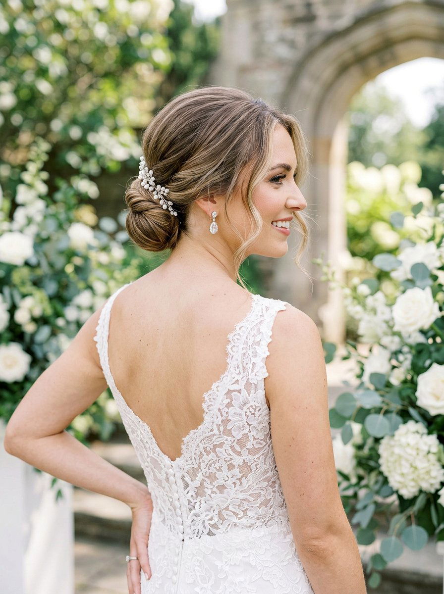 Low Chignon Bridal Updo - 20 elegant bridal hairstyle for medium hair - 20 elegant bridal hairstyle for medium hair