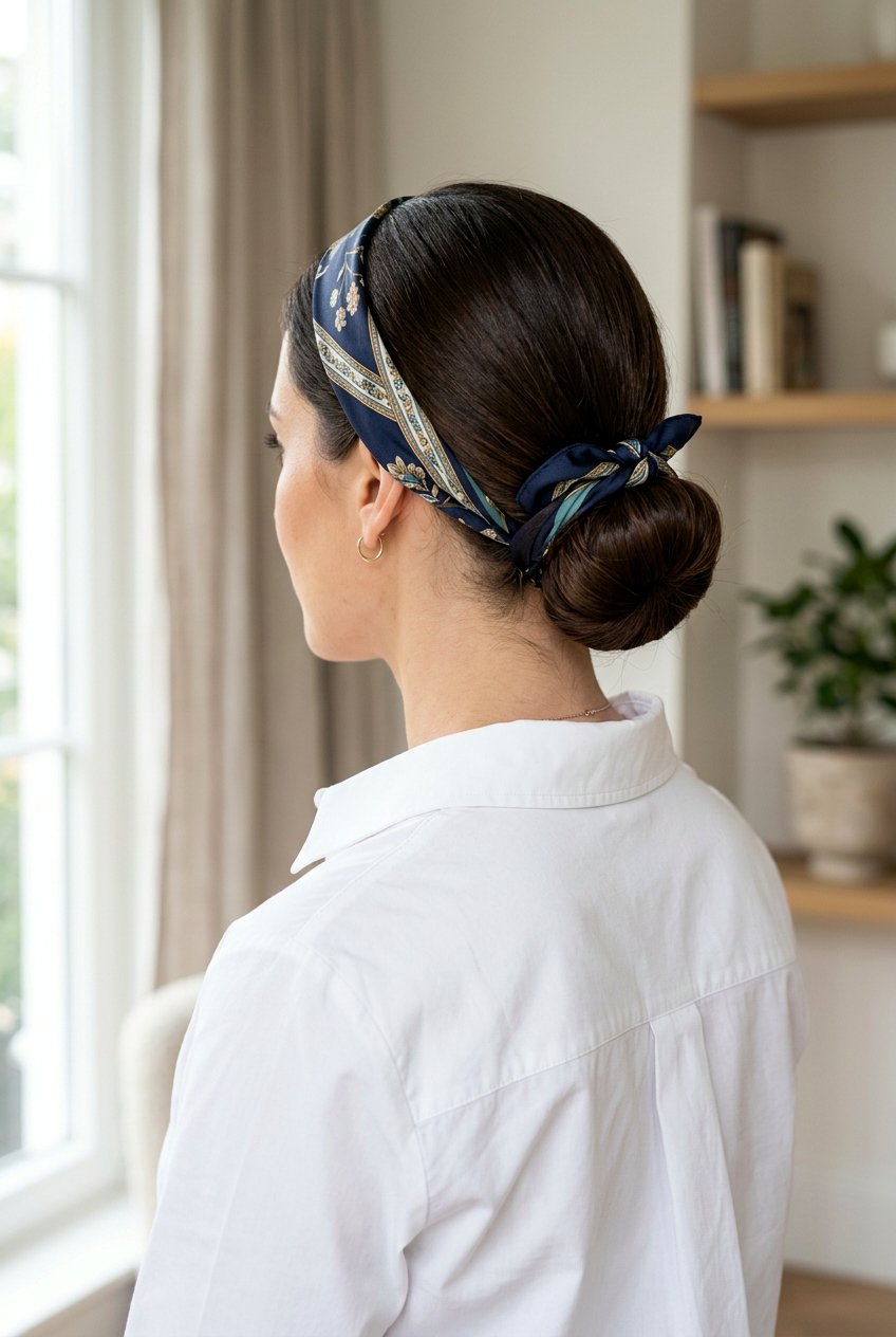 Low Chignon Bun With Silk Scarf - 20 silk scarf bun hairstyle - 20 silk scarf bun hairstyle
