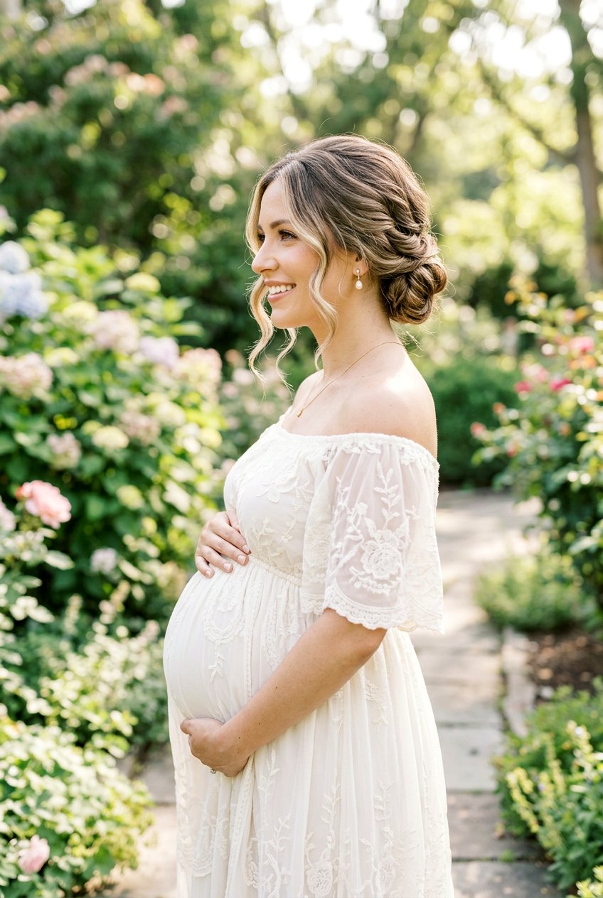 Low Chignon Maternity Photoshoot Hair - 20 maternity photo shoot hairstyles - 20 maternity photo shoot hairstyles