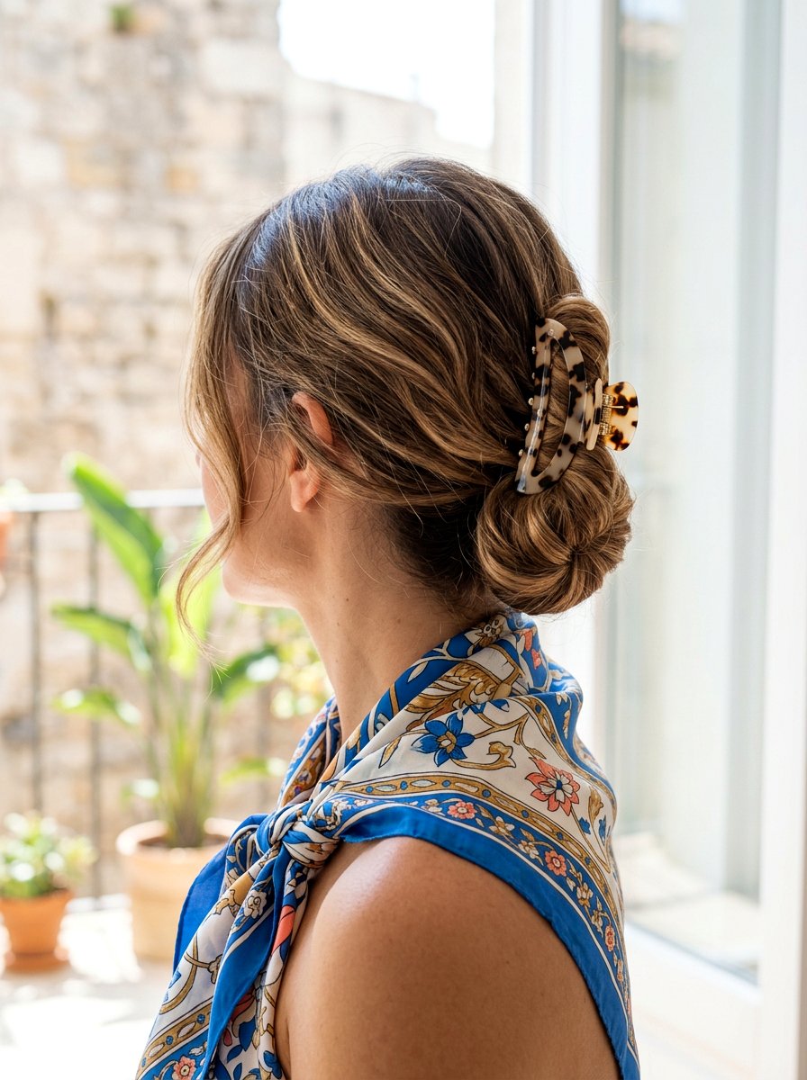 Low Chignon Secured With Claw Clip - 20 office hairstyle with claw clip twist - 20 office hairstyle with claw clip twist