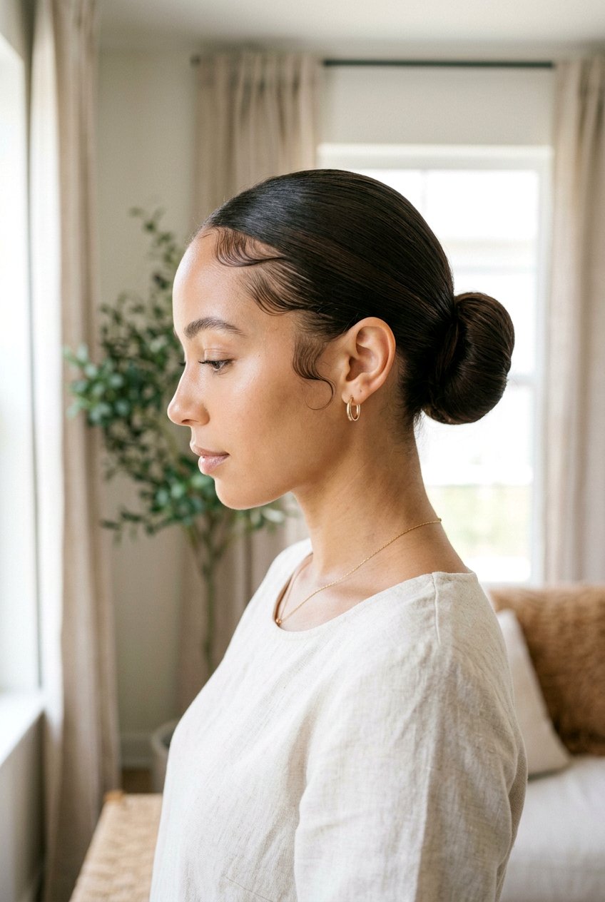 Low Chignon With Baby Hair Detail - 20 beach hairstyle for vacation photos - 20 beach hairstyle for vacation photos