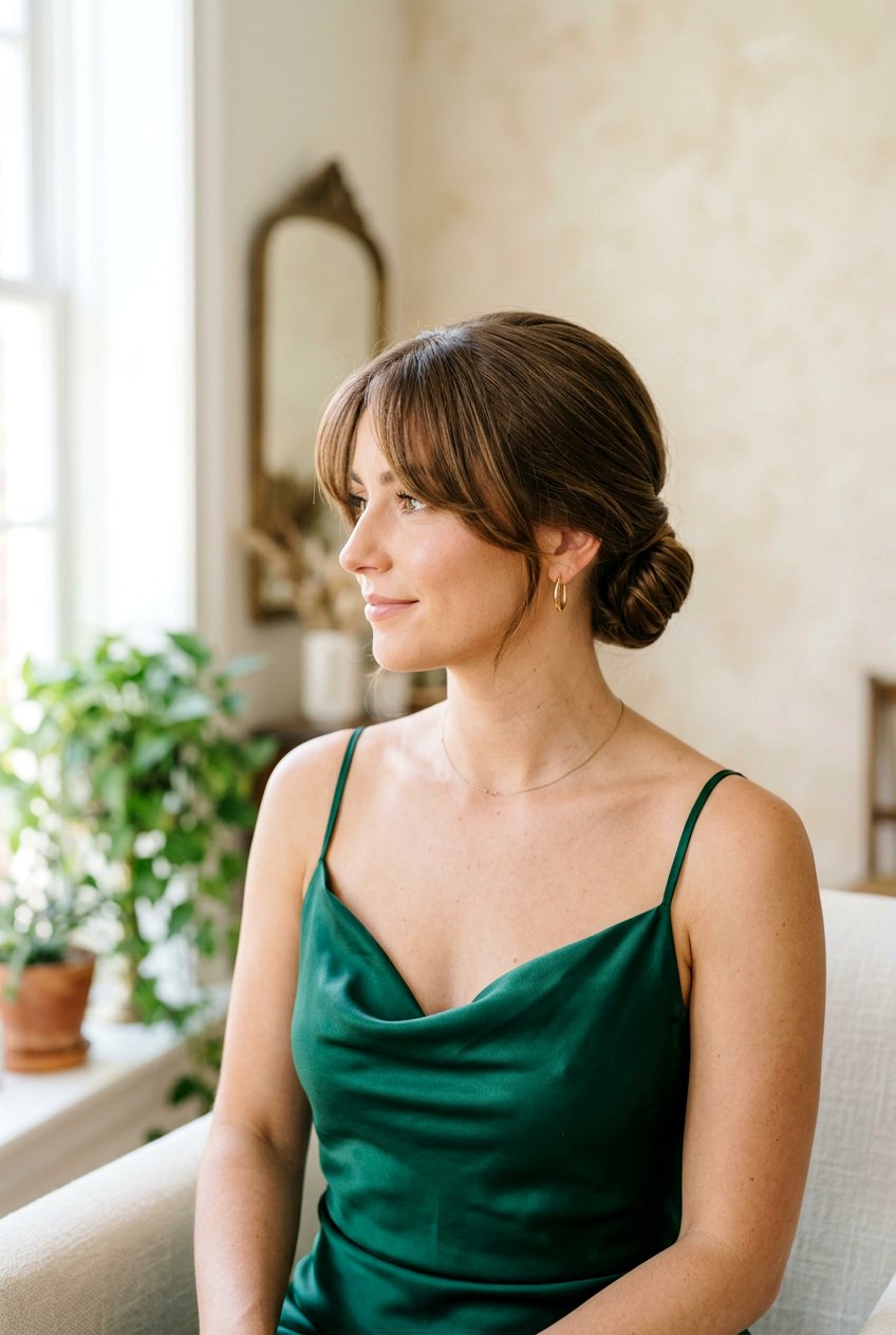 Low Chignon With Curtain Bangs - 20 wedding guest hairstyle for women with bangs - 20 wedding guest hairstyle for women with bangs