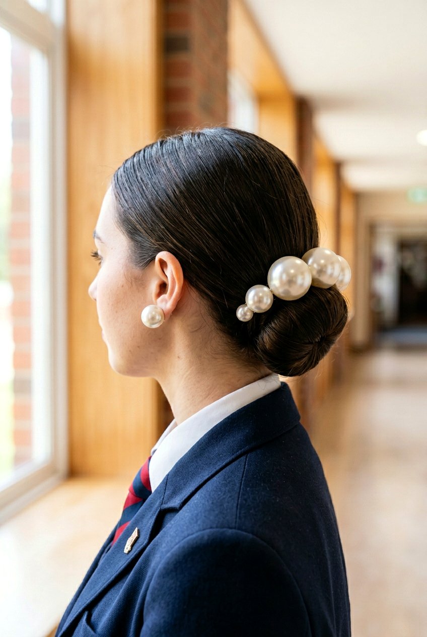 Low Chignon With Oversized Pearl Barrette - 20 school hairstyle with pearl clips - 20 school hairstyle with pearl clips