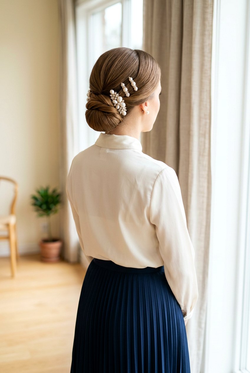 Low Chignon With Pearl Clips - 20 birthday hairstyle with low bun and pearls - 20 birthday hairstyle with low bun and pearls