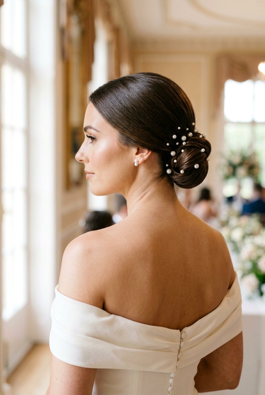 Low Chignon With Pearl Pins - 20 engagement party hairstyles - 20 engagement party hairstyles