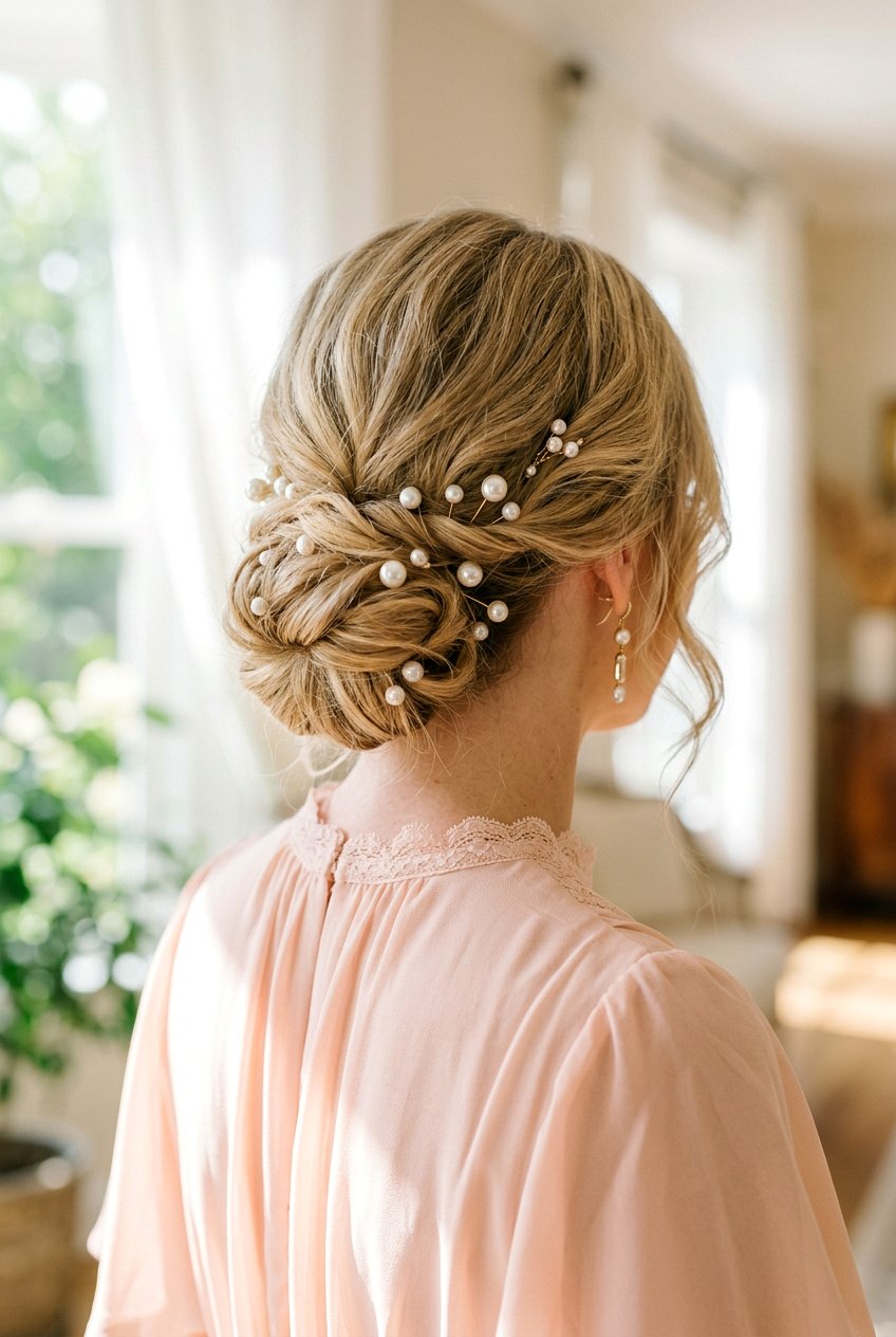 Low Chignon With Pearl Pins - 20 low bun for mother of the bride - 20 low bun for mother of the bride