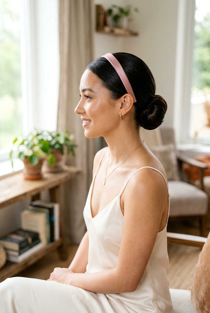 Low Chignon With Satin Headband - 20 headband bun hairstyle - 20 headband bun hairstyle