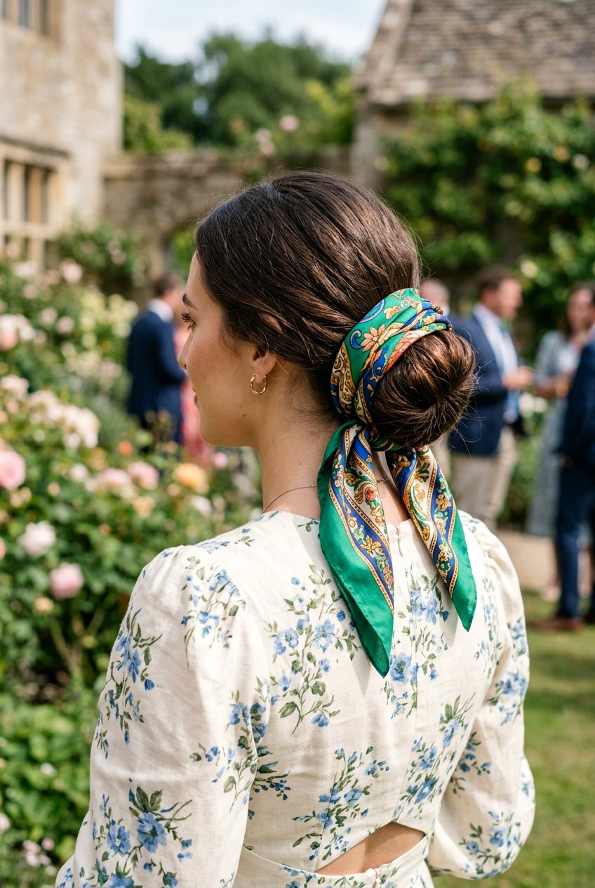 Low Chignon With Scarf - 20 elegant low chignon for wedding guest - 20 elegant low chignon for wedding guest