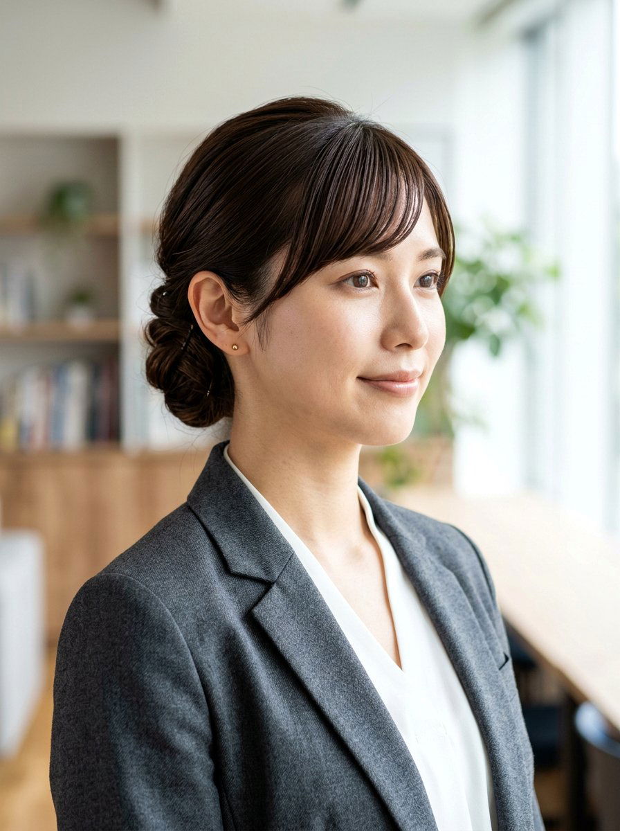 Low Chignon With Side Swept Bangs - 20 quick school hairstyle for medium hair - 20 quick school hairstyle for medium hair