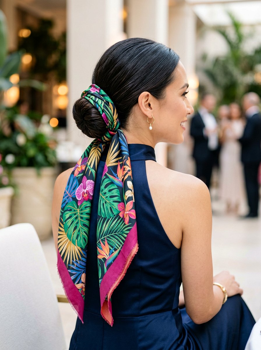 Low Chignon With Tropical Scarf Wrap - 20 vacation hairstyle with tropical scarf - 20 vacation hairstyle with tropical scarf
