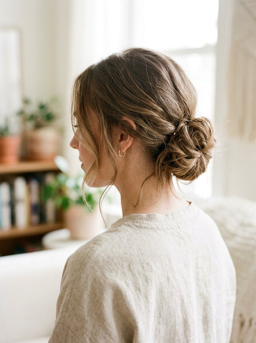 Low Chignon With Wispy Strands - 20 soft glam hairstyle for moms - 20 soft glam hairstyle for moms