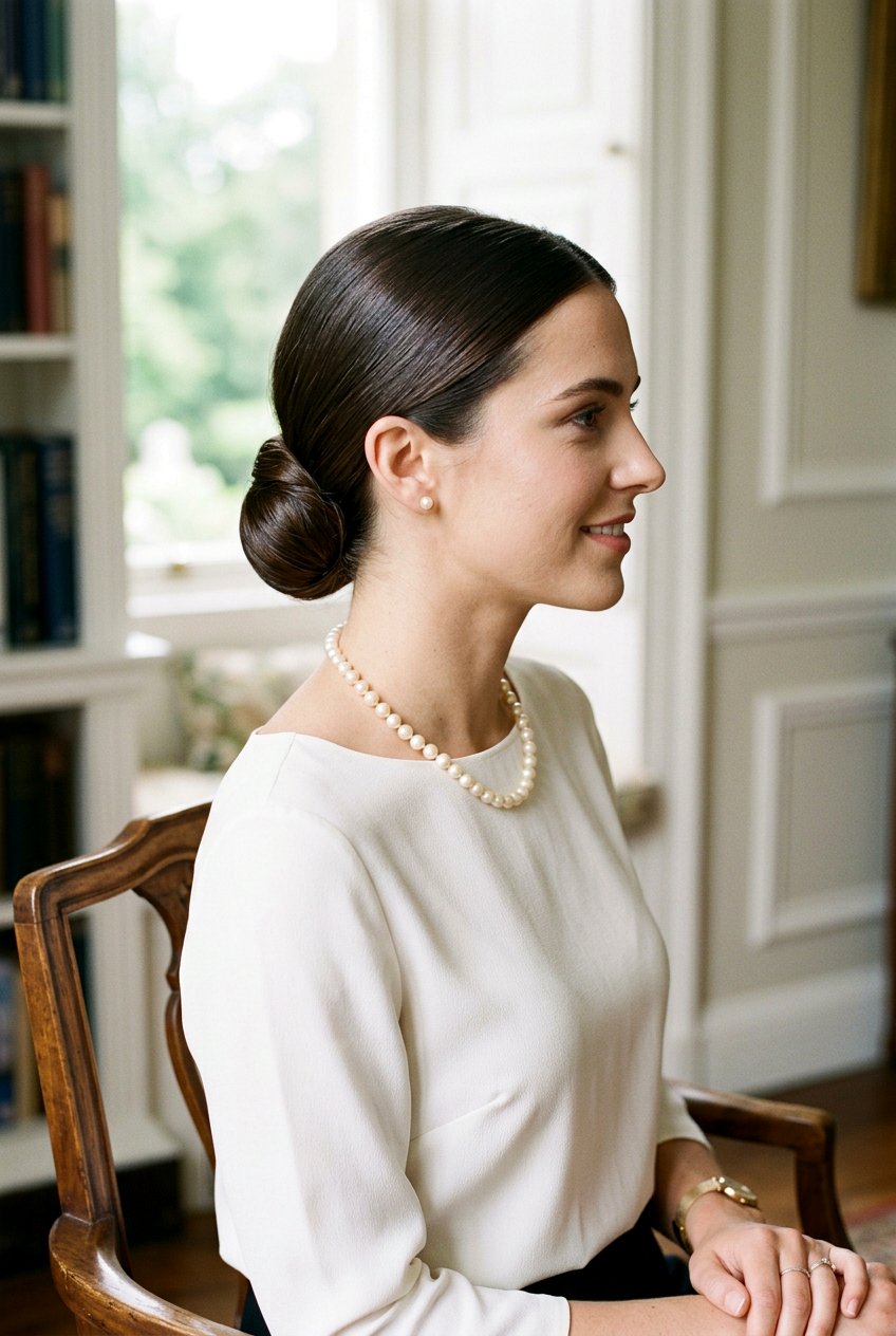 Low Chignon with Center Part - 20 old money hairstyles - 20 old money hairstyles