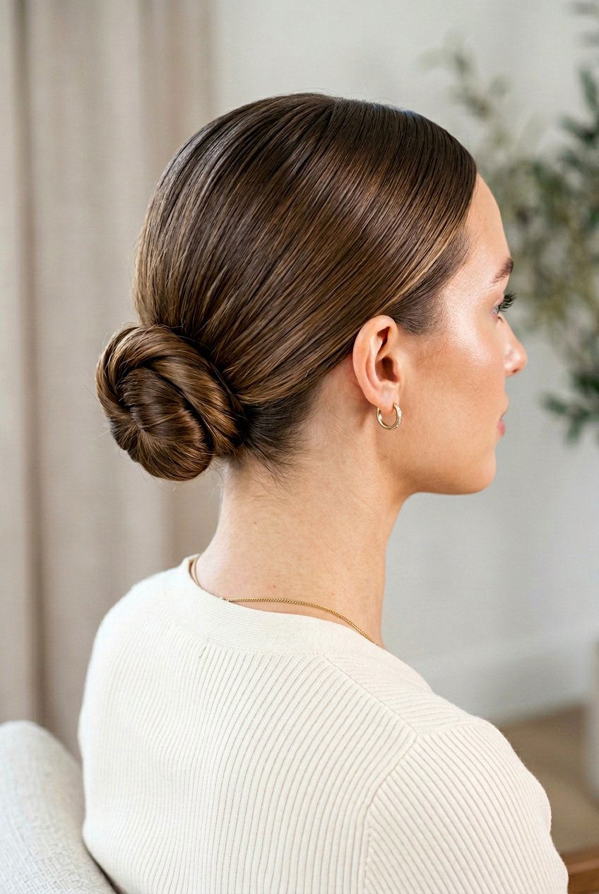 Low Chignon with Center Part - 20 clean girl hairstyles - 20 clean girl hairstyles