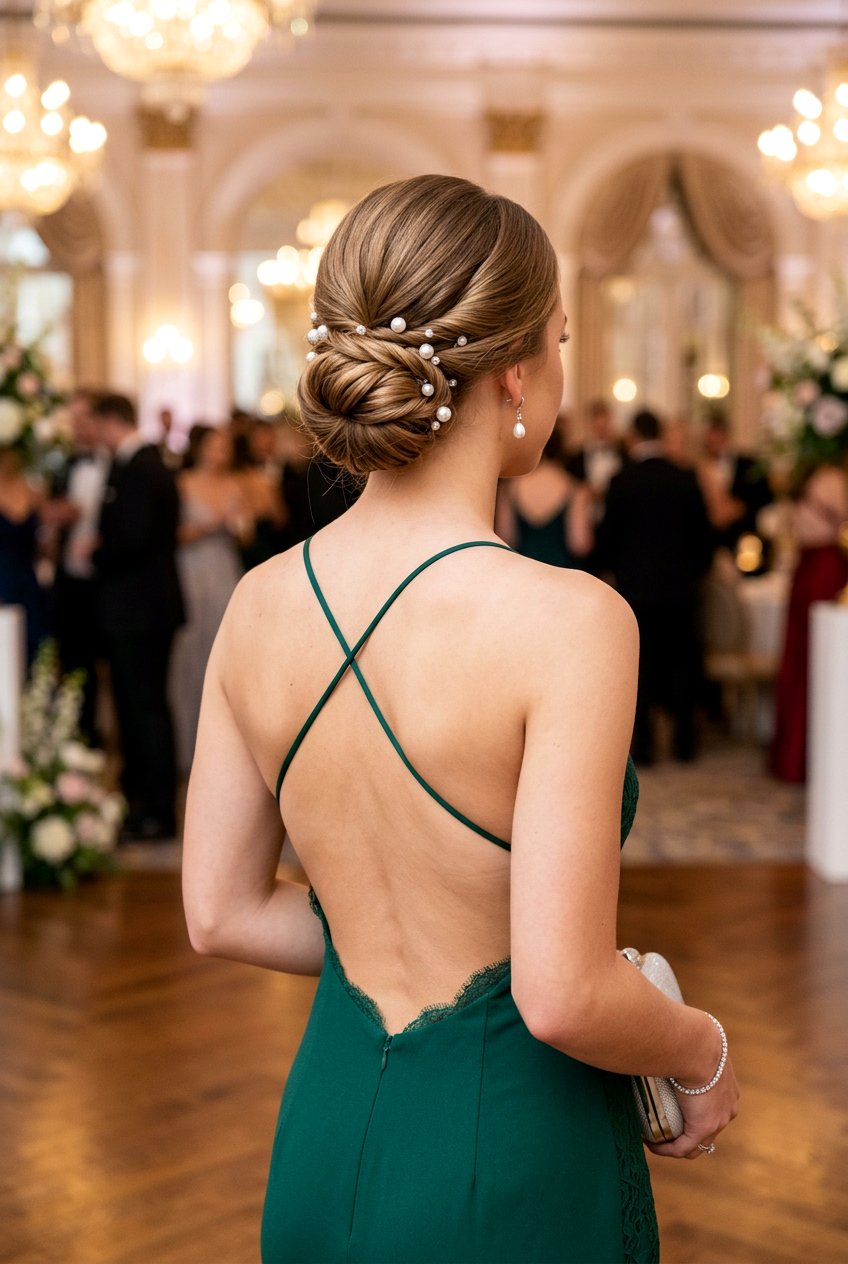 Low Chignon with Pearl Pins - 20 prom hairstyles for long hair - 20 prom hairstyles for long hair