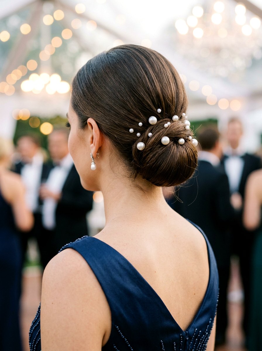 Low Chignon with Pearls - 20 prom hairstyles with pearls - 20 prom hairstyles with pearls
