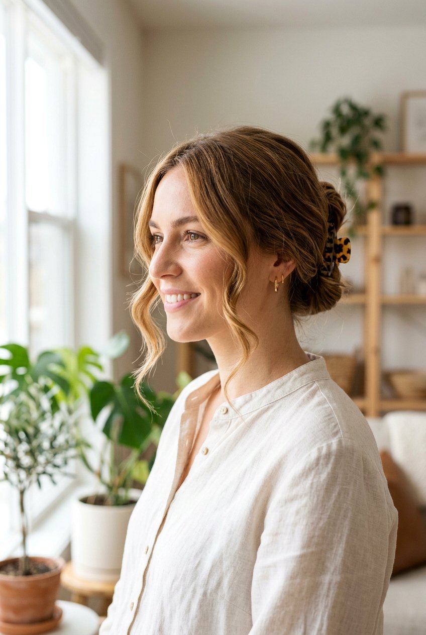 Low Claw Clip Bun With Face Framing Pieces - 20 claw clip hairstyles - 20 claw clip hairstyles